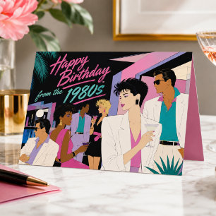 Funny 1980s Retro Art Deco Neon Happy Birthday Card