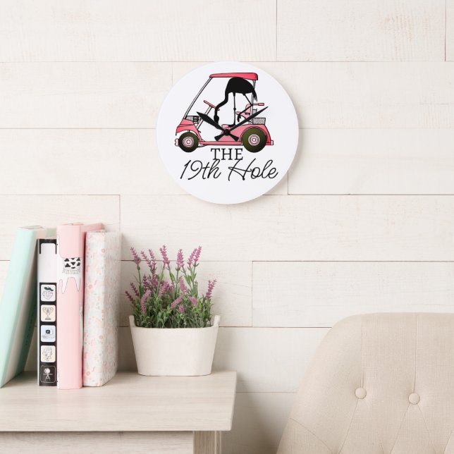 Funny 19th Hole Golf Cart Flamingo Large Clock (Reading Room)