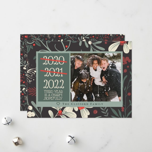 Funny 2021 2022 3rd Year's a Charm Photo Christmas Holiday Card (Front/Back In Situ)