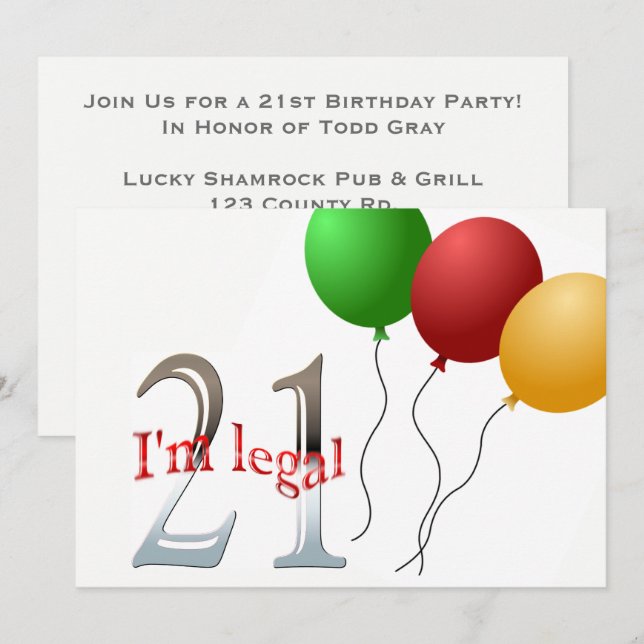 Funny 21st Birthday Party | 21 Legal Age Balloons Invitation (Front/Back)