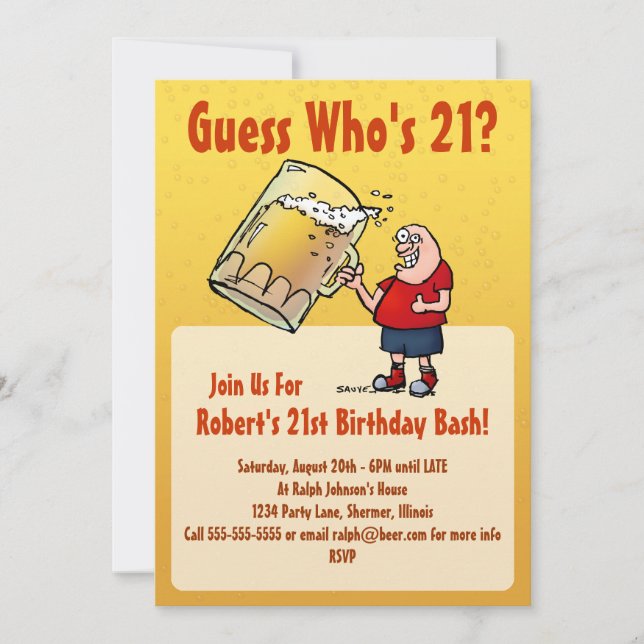 Funny 21st Birthday Party Invitation With Big Beer (Front)