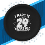 Funny 29th Birthday Quote Sarcastic 29 Year Old Paper Plate<br><div class="desc">This funny 29th birthday design makes a great sarcastic humour joke or novelty gag gift for a 29 year old birthday theme or surprise 29th birthday party! Features "I Made it to 29 Years Old... Nothing Scares Me" funny 29th birthday meme that will get lots of laughs from family, friends,...</div>