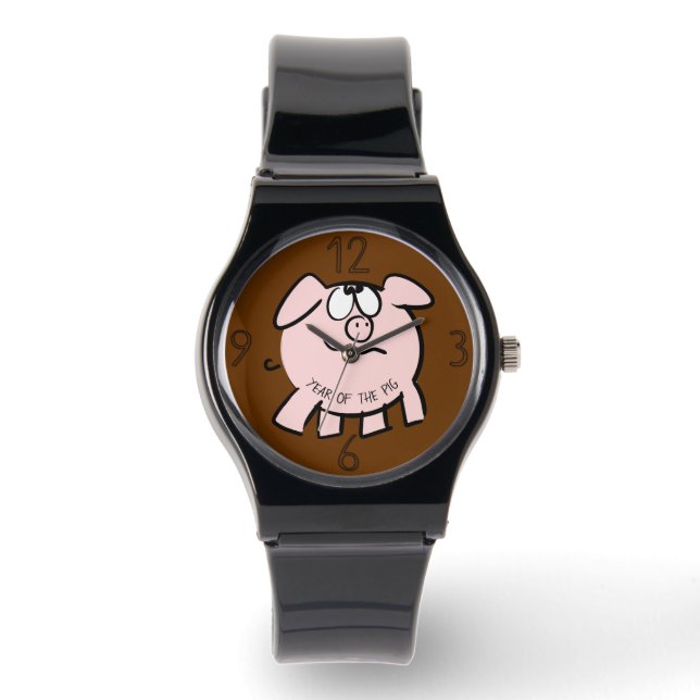 Funny 2 Cartoon Illustration Pig Year Birthday W Watch (Front)