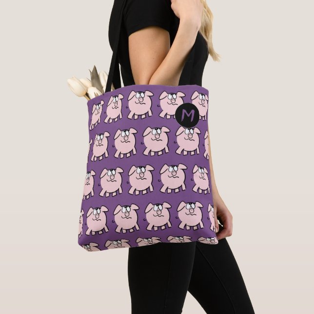 Funny 2 Cartoon Pig Monogram Choose Colour Tote Ba Bag (Close Up)