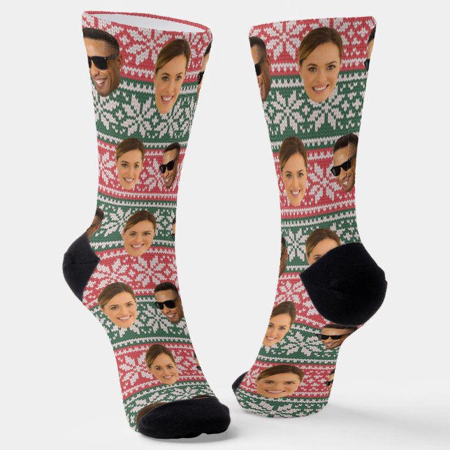 Funny 2 Face Red Green Pattern Custom Christmas Socks (Angled)
