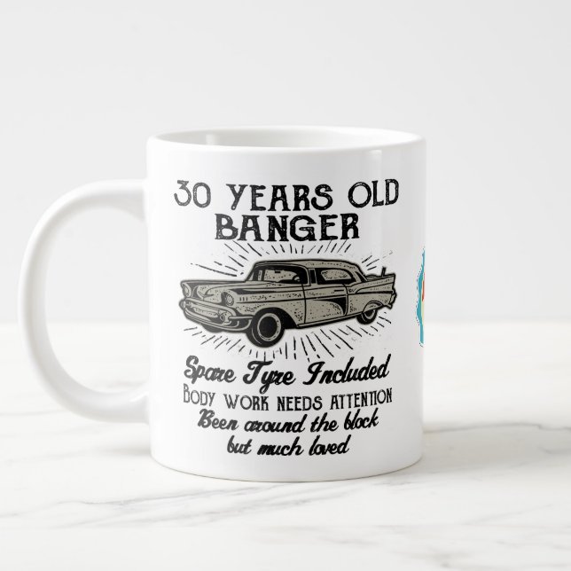 Funny 30th Birthday Retro Car Banger Add Name Date Large Coffee Mug (Left)