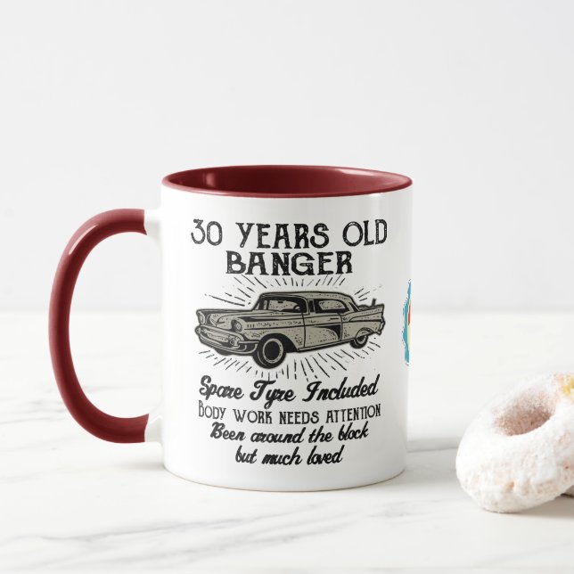 Funny 30th Birthday Retro Car Banger Add Name Date Mug (With Donut)