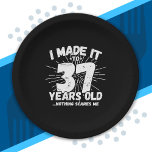 Funny 37th Birthday Quote Sarcastic 37 Year Old Paper Plate<br><div class="desc">This funny 37th birthday design makes a great sarcastic humour joke or novelty gag gift for a 37 year old birthday theme or surprise 37th birthday party! Features "I Made it to 37 Years Old... Nothing Scares Me" funny 37th birthday meme that will get lots of laughs from family, friends,...</div>