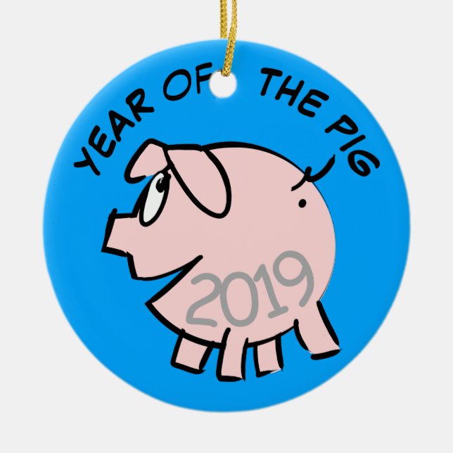 Funny 3 Cartoon Illustration Pig  Year 2019 Round Ceramic Tree Decoration (Front)