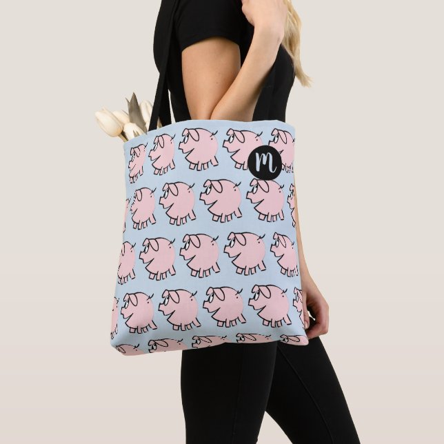 Funny 3 Cartoon Pig Monogram Choose Colour Tote Ba (Close Up)