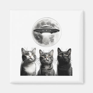 Funny 3 Scared Cats Moon Ufo Alien Earth Invasion Magnet