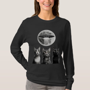 Funny 3 Scared Cats Moon UFO Alien Earth Invasion T-Shirt