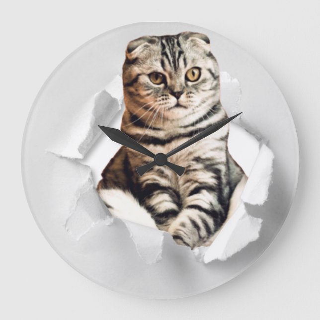 Funny 3d graphic cat torn paper illusion large clock (Front)