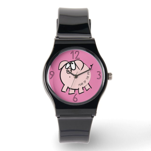 Funny 4 Cartoon Illustration Pig Year Birthday W Watch (Front)