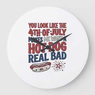 Funny 4th of July Hot Dog Patriotic Shirt Design_1 Large Clock