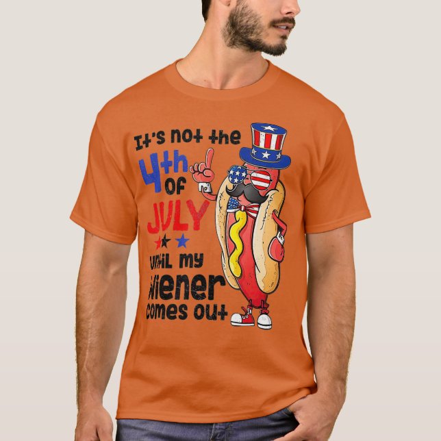 Funny 4th of July Hot Dog Wiener Comes Out Adult T-Shirt (Front)