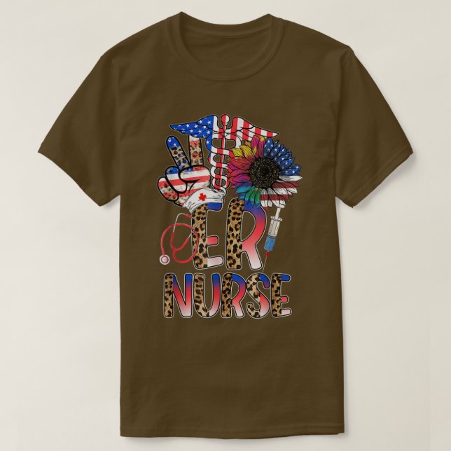 Funny 4th of July Leopard Sunflower Er Nurse Ameri T-Shirt (Design Front)