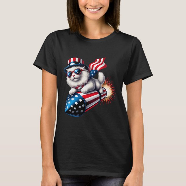 Funny 4th Of July Patriotic Cat Rocket With Firewo T-Shirt (Front)