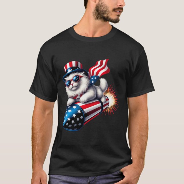 Funny 4th Of July Patriotic Cat Rocket With Firewo T-Shirt (Front)