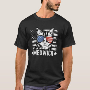 Funny 4th of July Patriotic Cat with Flag Sunglass T-Shirt