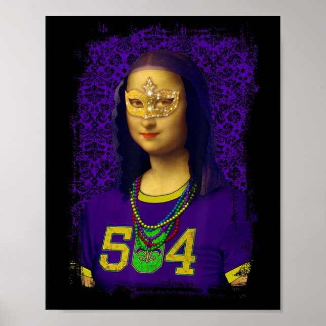 Funny 504 New Orleans Mardi Gras Mona Lisa Mashup  Poster (Front)
