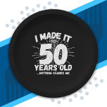 Funny 50th Birthday Quote Sarcastic 50 Year Old Paper Plate<br><div class="desc">This funny 50th birthday design makes a great sarcastic humour joke or novelty gag gift for a 50 year old birthday theme or surprise 50th birthday party! Features "I Made it to 50 Years Old... Nothing Scares Me" funny 50th birthday meme that will get lots of laughs from family, friends,...</div>