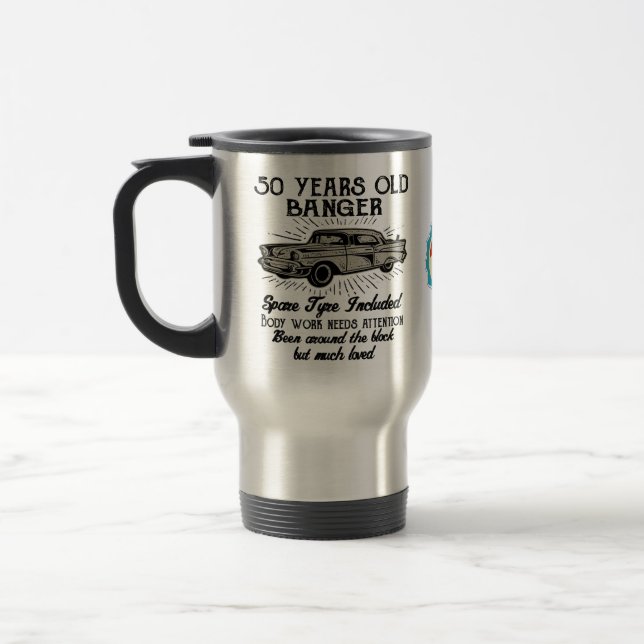 Funny 50th Birthday Retro Car Banger Add Name Date Travel Mug (Left)