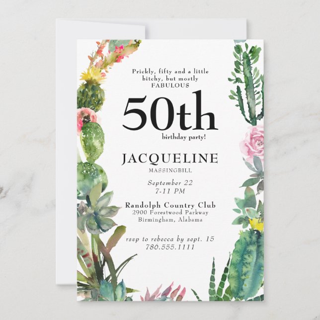 Funny 50th Cactus Prickly, Bitchy & Fabulous White Invitation (Front)