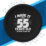 Funny 55th Birthday Quote Sarcastic 55 Year Old Paper Plate<br><div class="desc">This funny 55th birthday design makes a great sarcastic humour joke or novelty gag gift for a 55 year old birthday theme or surprise 55th birthday party! Features "I Made it to 55 Years Old... Nothing Scares Me" funny 55th birthday meme that will get lots of laughs from family, friends,...</div>