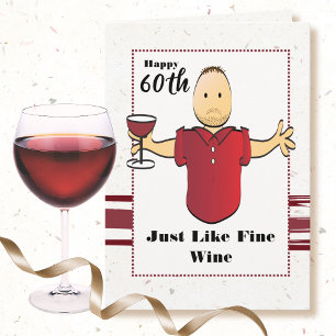 Funny 60th Birthday Male Cartoon Red Wine Modern Card