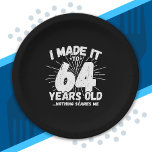 Funny 64th Birthday Quote Sarcastic 64 Year Old Paper Plate<br><div class="desc">This funny 64th birthday design makes a great sarcastic humour joke or novelty gag gift for a 64 year old birthday theme or surprise 64th birthday party! Features "I Made it to 64 Years Old... Nothing Scares Me" funny 64th birthday meme that will get lots of laughs from family, friends,...</div>