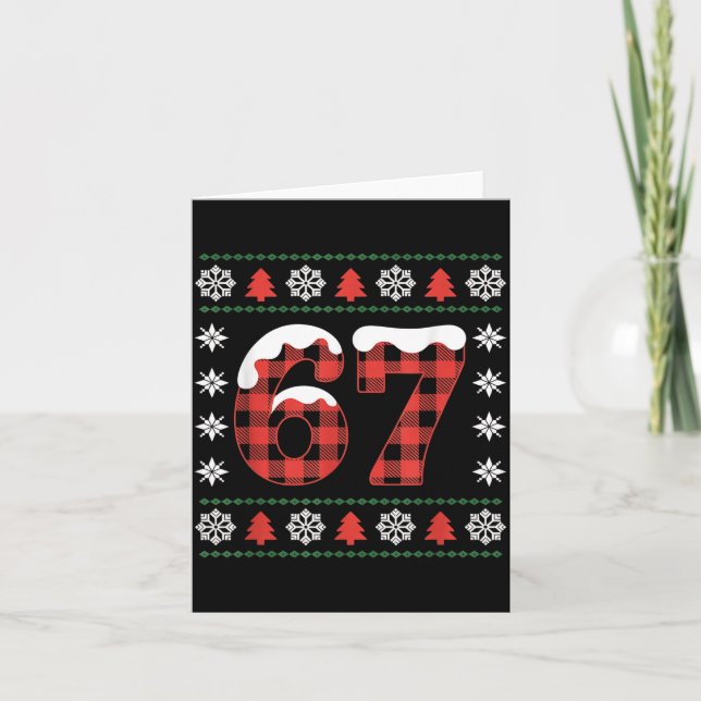 Funny 67 Buffalo Plaid Christmas Snow Ugly Sweater Card (Front)