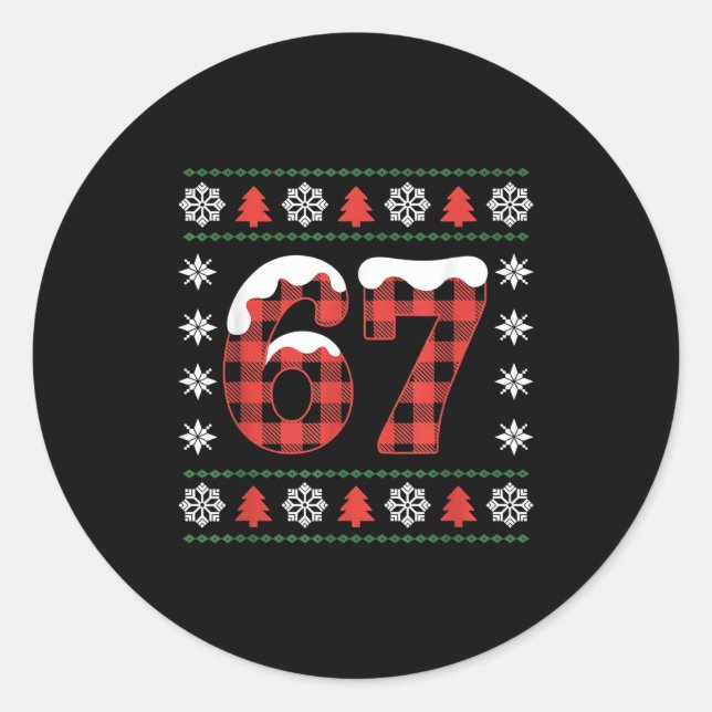 Funny 67 Buffalo Plaid Christmas Snow Ugly Sweater Classic Round Sticker (Front)