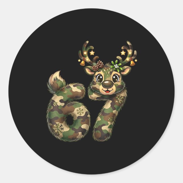 Funny 67 Christmas Holiday Camo Hunting Reindeer D Classic Round Sticker (Front)