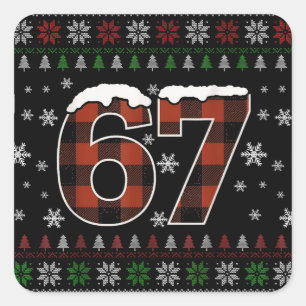 Funny “67” Christmas Meme – Red & Green Plaid  Square Sticker