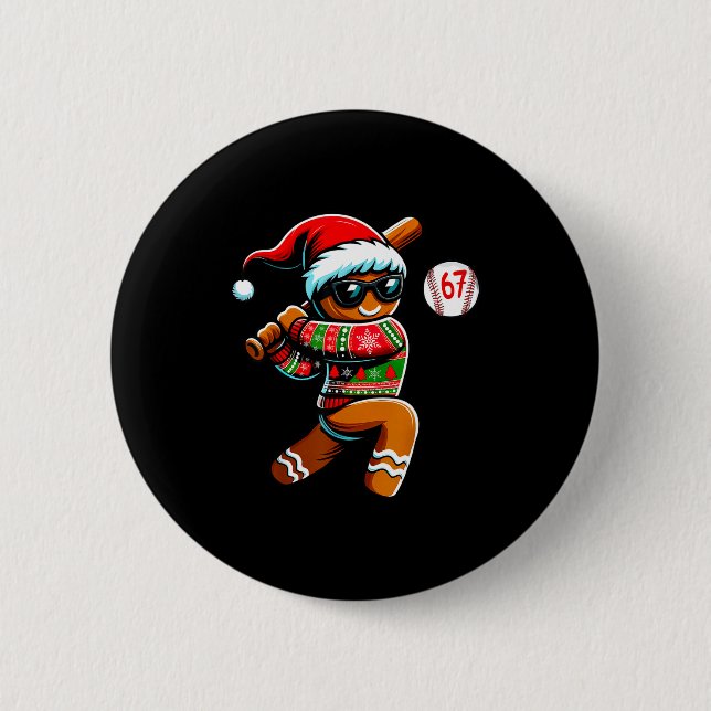 Funny 67 Gingerbread Man Playing Baseball Christma 6 Cm Round Badge (Front)