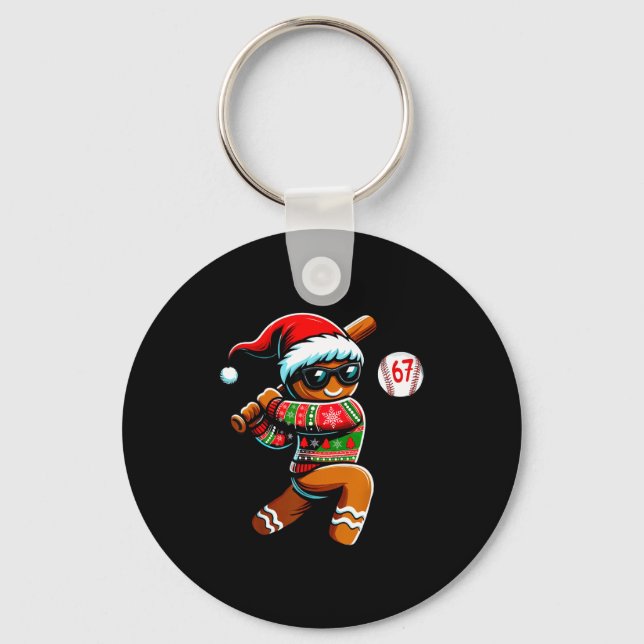 Funny 67 Gingerbread Man Playing Baseball Christma Key Ring (Front)