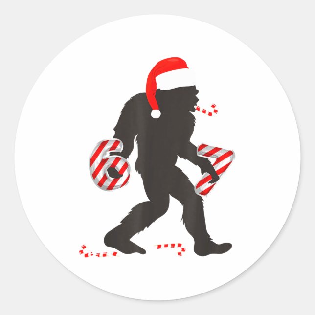Funny 67 Meme With Bigfoot And Candy Canes Christm Classic Round Sticker (Front)