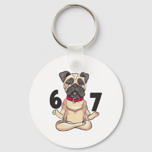 Funny 67 Pug Dog Yoga Hand Pose Graphic Key Ring