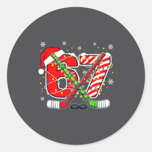 Funny 67 Santa Hat Candy Cane Ice Hockey Six Seven Classic Round Sticker