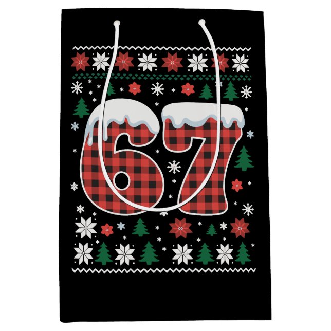 Funny 67 Six Seven Meme Cringe Christmas Red Plaid Medium Gift Bag (Front)