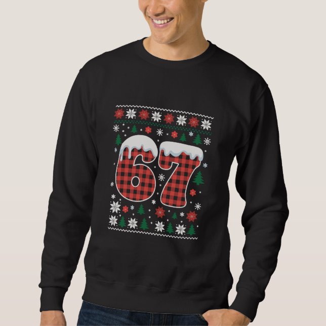 Funny 67 Six Seven Meme Cringe Christmas Red Plaid Sweatshirt (Front)