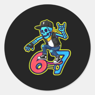 Funny 67 Skeleton Skater Meme Retro Skateboarding  Classic Round Sticker
