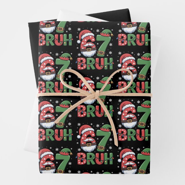 Funny 6 7 Six Seven Bruh Meme Christmas Santa Elf  Wrapping Paper Sheet (In situ)