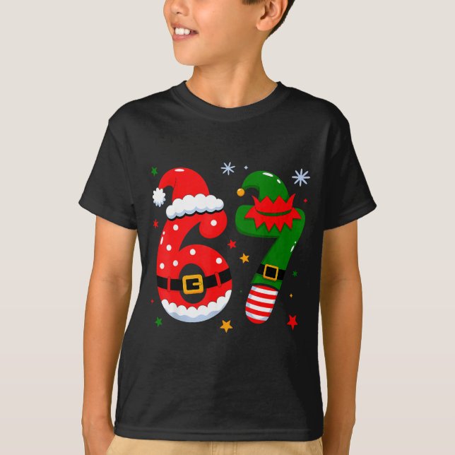 Funny 6 7 Six Seven Meme Christmas Santa Elf Coupl T-Shirt (Front)