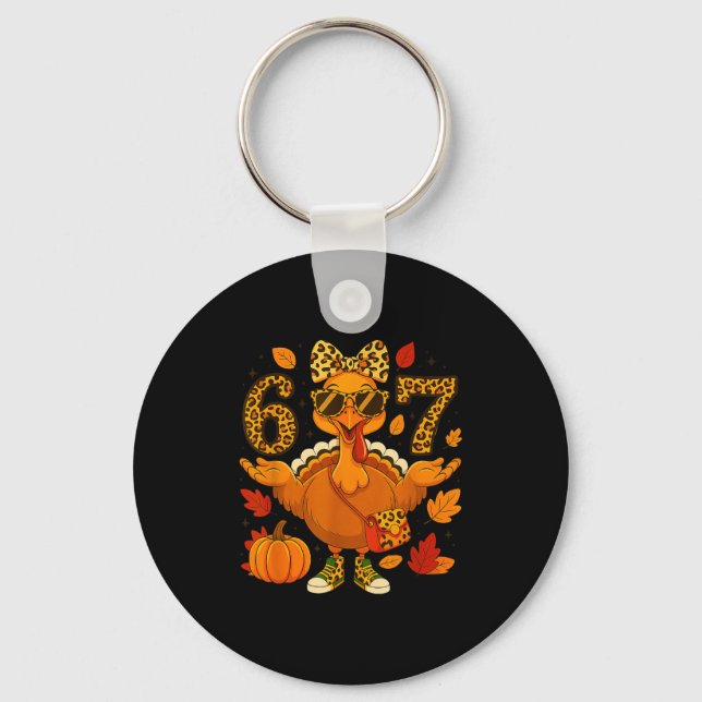 Funny 6 7 Thanksgiving Leopard Bow Turkey Six Seve Key Ring (Front)