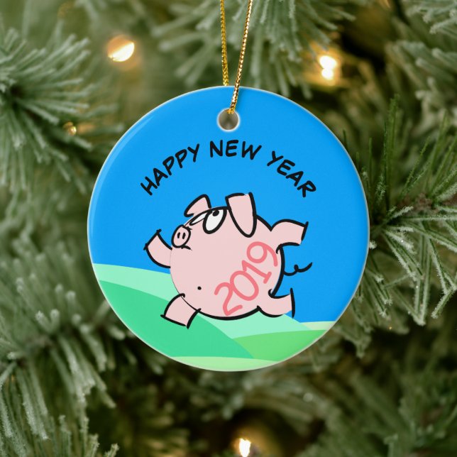 Funny 6b Cartoon Illustration Pig  Year 2019 O Ceramic Tree Decoration (Tree)