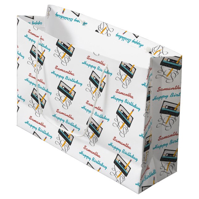 Funny 80s Music Retro Cassette Tape Birthday Name Large Gift Bag (Front Angled)