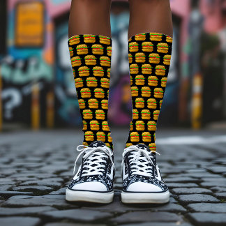    Funny 8-bit Pixel Art Burger Quirky Geeky Black Socks