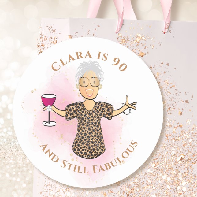 Funny 90 and Fabulous Cartoon 90th Birthday Sassy  Classic Round Sticker (Creator Uploaded)